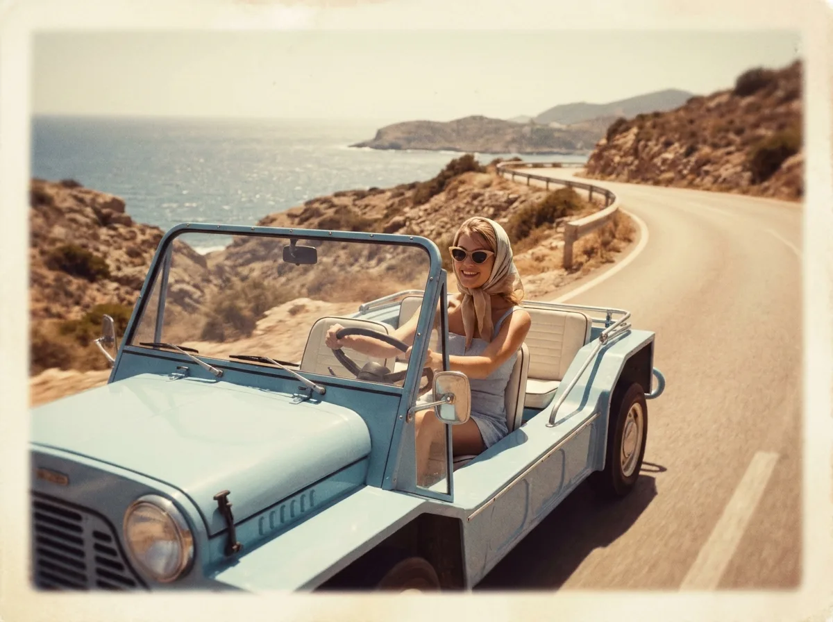Yellow electric beach car parked by the sea, Ibiza — Retro Rides lifestyle moment