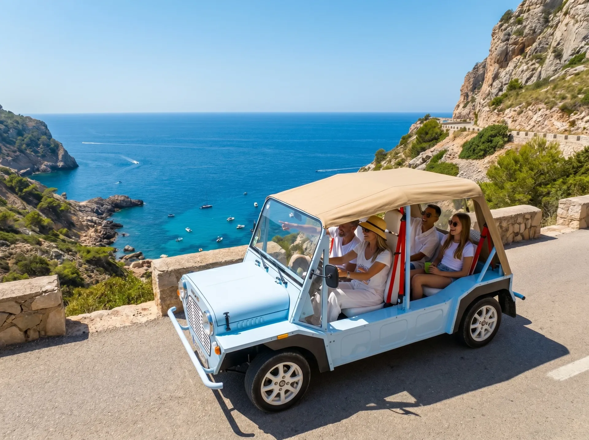 Light blue electric Kate driving on scenic Ibiza coastal road — Retro Rides