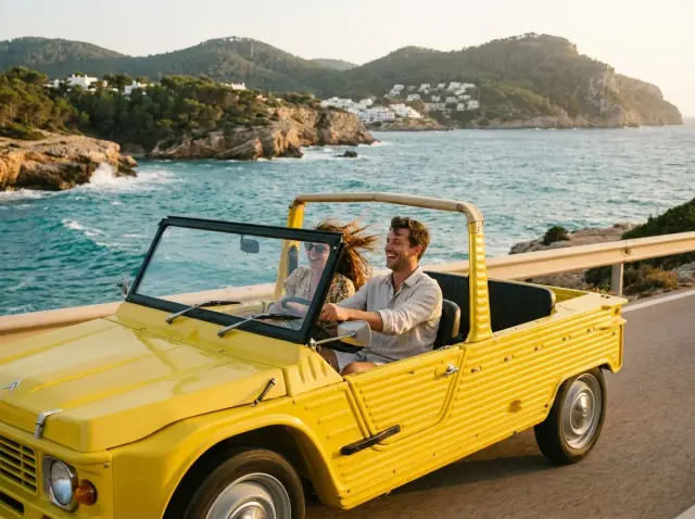 Guided electric Mehari tour on Ibiza coastal road