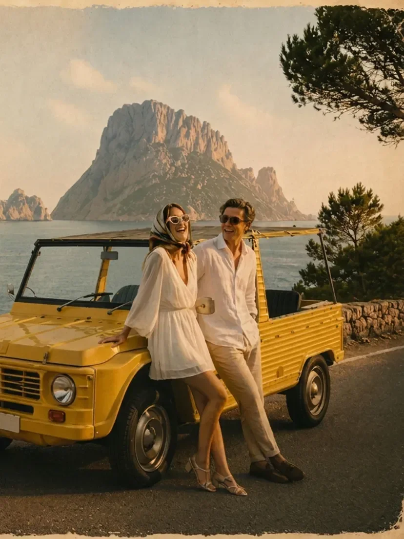 Group of friends laughing in yellow electric Citroën Mehari on Ibiza coastal road — Retro Rides vintage experience